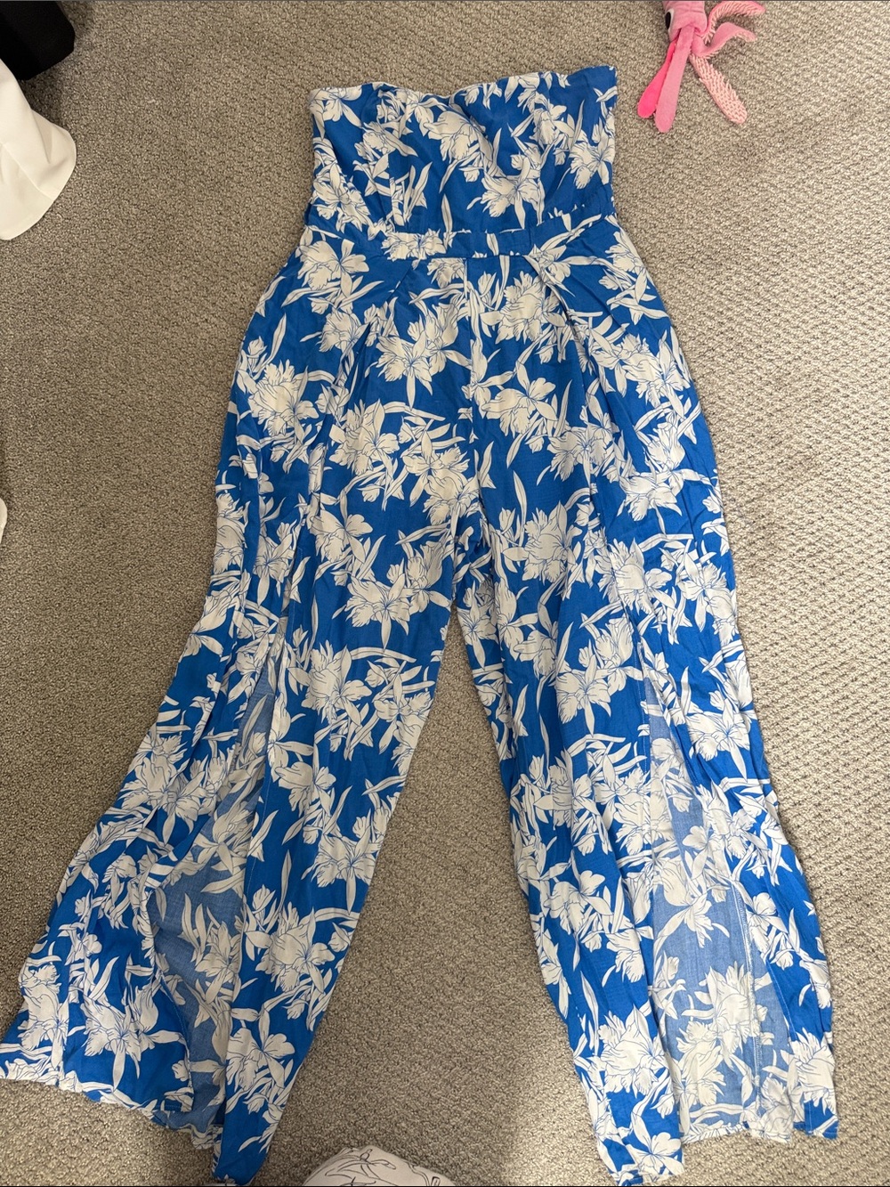 Strapless Blue & White Floral Wide-Leg Jumpsuit